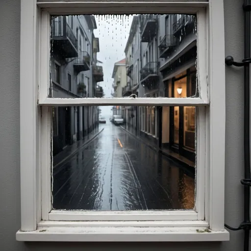 Prompt: sad grey rain  window looking through streets  small unique  beach cry
