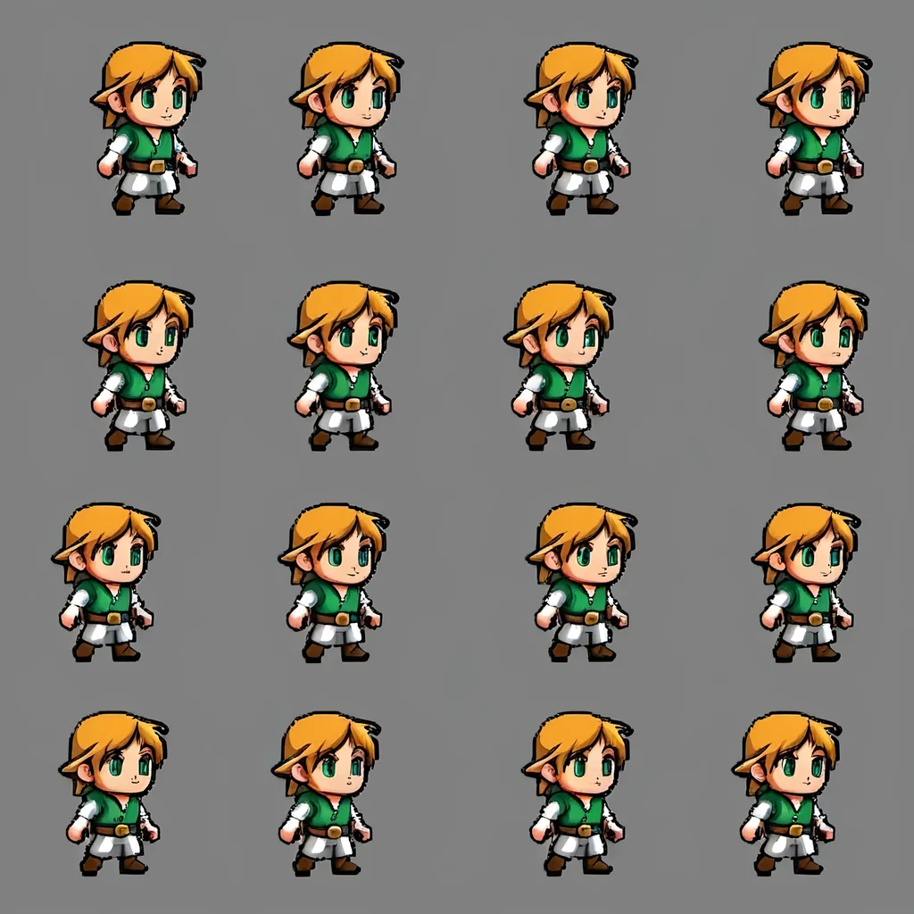 Prompt: Crear una imagen para descargar en modo sprite con 5 fotogramas para los movimientos de un niño en un juego RPG 2D caminando en todas direcciones como en el juego zelda.