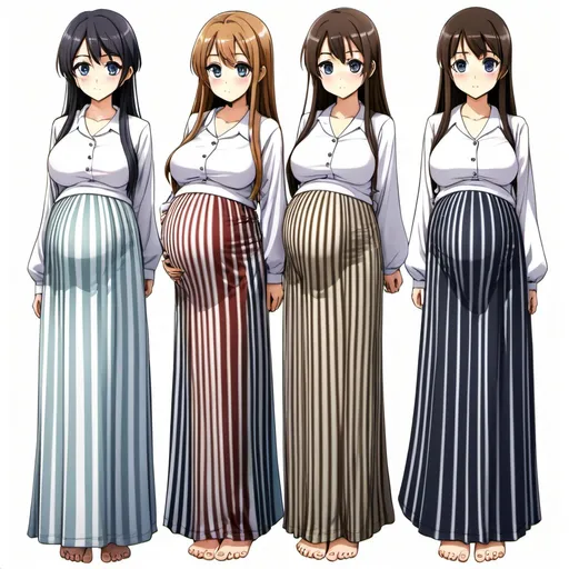 Prompt: Multiple pregnant barefooted long-straight haired anime girls who are wearing floor-length maxi long vertical striped skirts that are extremely long.
The anime girls are wearing a long-sleeved white buttoned shirt.

The stripes of the long skirts are fat and thick.

The long skirts have different colors and stripe patterns.