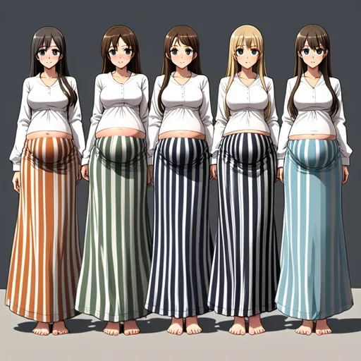 Prompt: Multiple pregnant barefooted long-straight haired anime girls who are wearing floor-length maxi long vertical striped skirts that are extremely long.
The anime girls are wearing a long-sleeved white buttoned shirt.

The stripes of the long skirts are fat and thick.

The long skirts have different colors and stripe patterns.