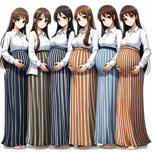 Prompt: Multiple pregnant barefooted long-straight haired anime girls who are wearing floor-length maxi long vertical striped skirts that are extremely long.
The anime girls are wearing a long-sleeved white buttoned shirt.

The stripes of the long skirts are fat and thick.

The long skirts have different colors and stripe patterns.