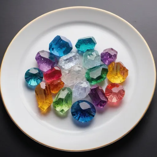 Prompt: Rainbow color crystals on plate