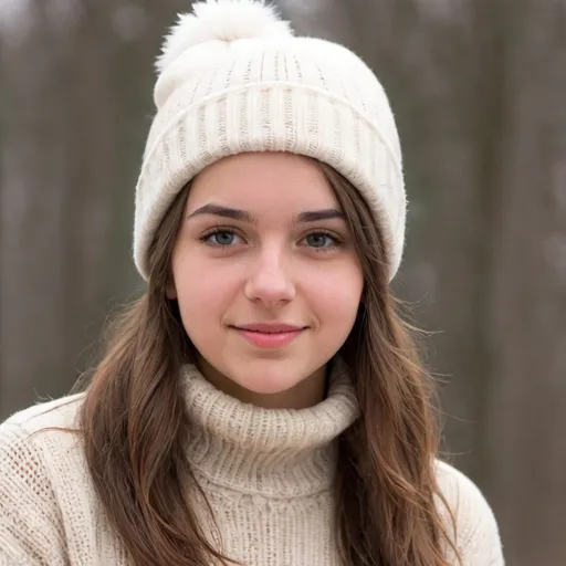 Prompt: portrait, cute 23 year old girl, sweater, kit cap, outdoors, winter