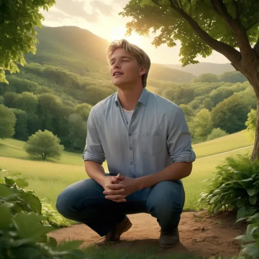 Prompt: Video Prompt:

A handsome young man is kneeling down in a serene, picturesque natural setting, surrounded by lush greenery and a beautiful landscape. The sky above is clear, with soft sunlight filtering through the trees, creating a peaceful atmosphere. He is deeply immersed in the moment, passionately singing Don Moen's emotional gospel song "Above All." His eyes are closed as he pours his heart into the song, his hands raised high towards the heavens, holding a microphone. The purity of his voice echoes through the tranquil surroundings, creating a powerful and moving scene. His expression is one of deep connection and spirituality, with a serene smile on his face, as he feels the lyrics of the song resonate within his soul. The overall mood of the video is one of peace, devotion, and a profound connection with nature and God