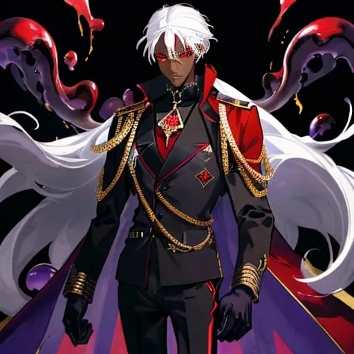 Prompt: a black man,white hair,red eyes,average facial features slender but athletic body,wearing a mix between military and aristocratic clothes colored in black with with gold and scarlet red adorns,and purple trim with white gloves,he managed to tame 1.000.000 purple slimes