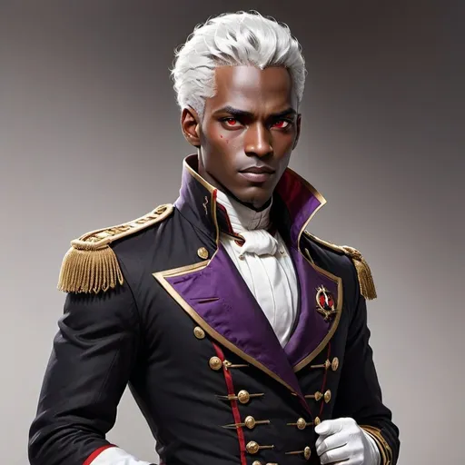 Prompt: a black man,white hair,red eyes,average facial features slender but athletic body,wearing a mix between military and aristocratic clothes colored in black with with gold and scarlet red adorns,and purple trim with white gloves