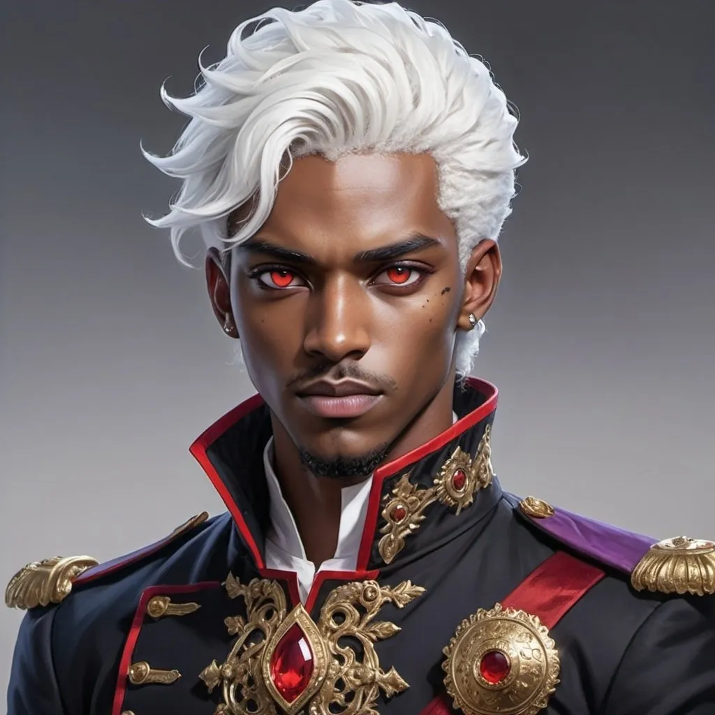 Prompt: a black man,white hair,red eyes,average facial features slender but athletic body,wearing a mix between military and aristocratic clothes colored in black with with gold and scarlet red adorns,and purple trim with white gloves Full body visible, oil painting, D&D Fantasy,((beautiful detailed face and Blue anime eyes)),  intricate hyper detailed hair, intricate hyper detailed eyelashes, intricate hyper detailed shining pupils, #3238, UHD, hd , 8k eyes, detailed face, big anime dreamy eyes, 8k eyes, intricate details, insanely detailed, masterpiece, cinematic lighting, 8k, complementary colors, golden ratio, octane render, volumetric lighting, unreal 5, artwork, concept art, cover, top model, light on hair colorful glamourous hyperdetailed ((Queen's Throne room background)), intricate hyperdetailed ultra-fine details, hyper-focused, deep colors, dramatic lighting, ambient lighting | by sakimi chan, artgerm, wlop, pixiv, tumblr, instagram, deviantart