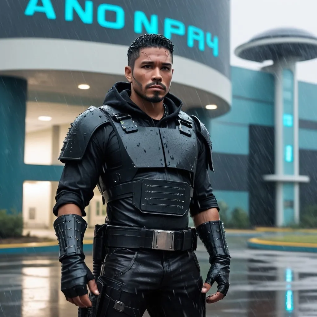 Prompt: Handsome Latino bounty hunter wearing black chestplate standing outside of a futuristic hospital landing pad. It’s raining hard.