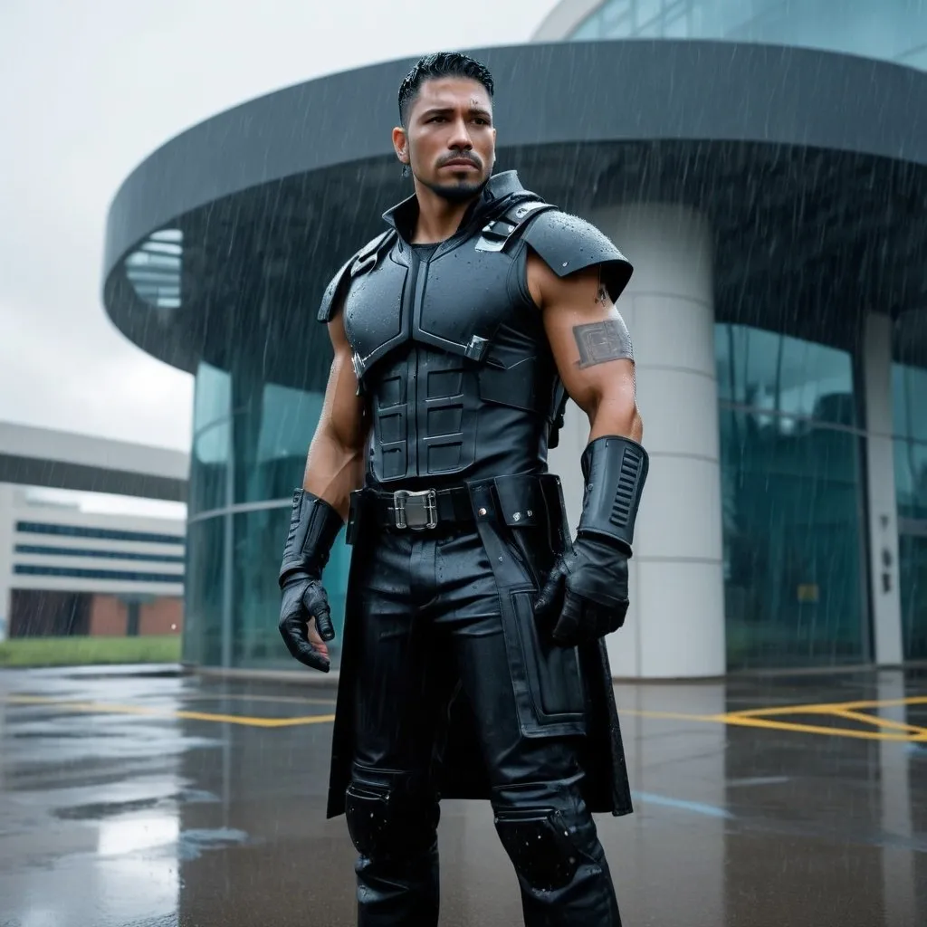 Prompt: Handsome Latino bounty hunter wearing black chestplate standing outside of a futuristic hospital landing pad. It’s raining hard.