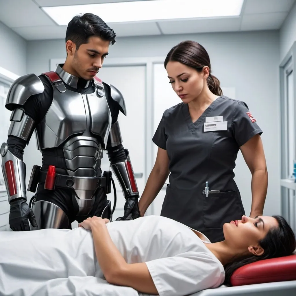 Prompt: Young Latino male nurse wearing grey scrubs gives oxygen to a white bounty hunter woman wearing black armor with a red pinstripe. Futuristic hospital. Woman is on a gurney.