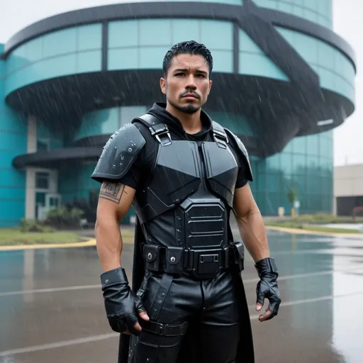 Prompt: Handsome Latino bounty hunter wearing black chestplate standing outside of a futuristic hospital landing pad. It’s raining hard.