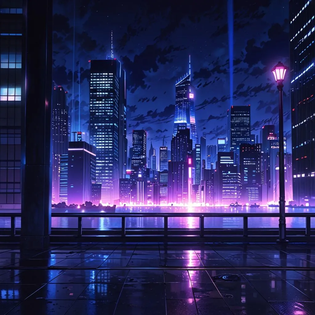 Prompt: Dark city landscape with purple vibe 