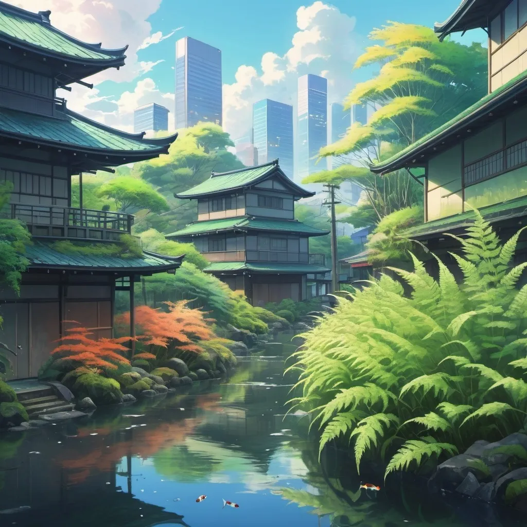 Prompt: Anime landscape cityscape japanese painting style, thick paint all in the style of Makoto Shinkai, abandon ,ferns,moss,koi ,Organism , more details, dreamy and colorful color matching, foreground ,lighting, 8K picture quality