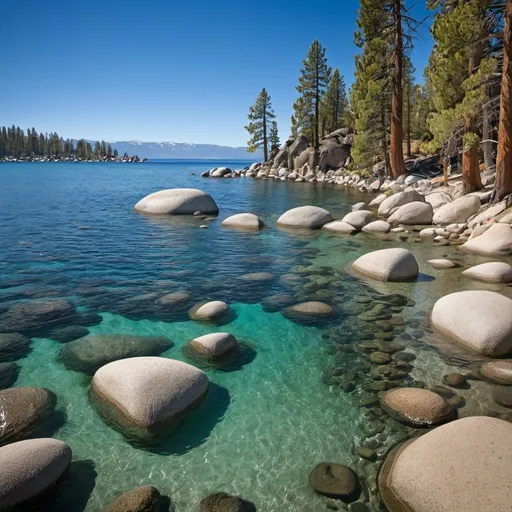 Prompt: Lake Tahoe Secret Cove, Clear Water, Rocky Shore, Beautiful Landscape Photography