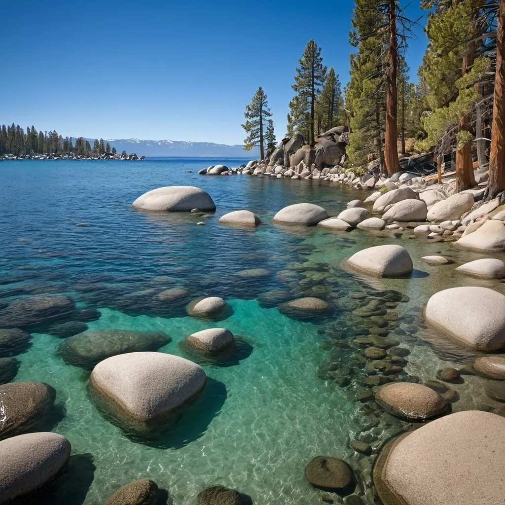 Prompt: Lake Tahoe Secret Cove, Clear Water, Rocky Shore, Beautiful Landscape Photography