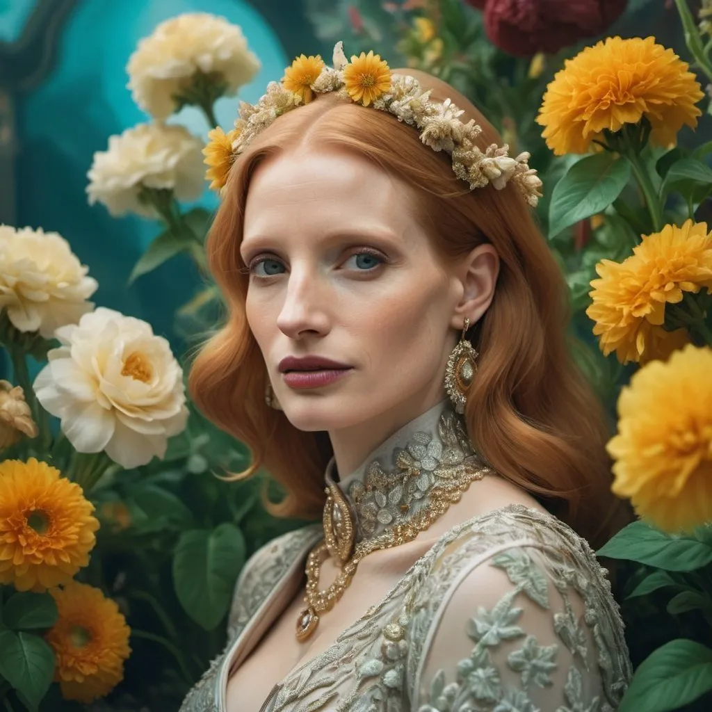 Prompt:  portrait of a beautiful Jessica Chastain who is a fashion model surrounded of flowers from another planet, translucent plants, Andrey Remnev, Bridget Bate Tichenor, rococo, god light, cinematic, 35mm, 8k, fantasy, many details, much lightful, dream-like, masterpiece, detailed face, fantasy art, majestic, elegant, ornate, appealing, hypermaximalist, paradise, award winning photography, no watermark, trending on artstation --v 5