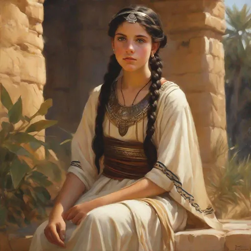 Prompt: A 13 years old Carthaginian girl, pale skin, freckles, black hair, pigtails, brown eyes, traditional Punic dress, Ancient Carthage, photorealistic, extremely detailed painting by Greg Rutkowski by Steve Henderson