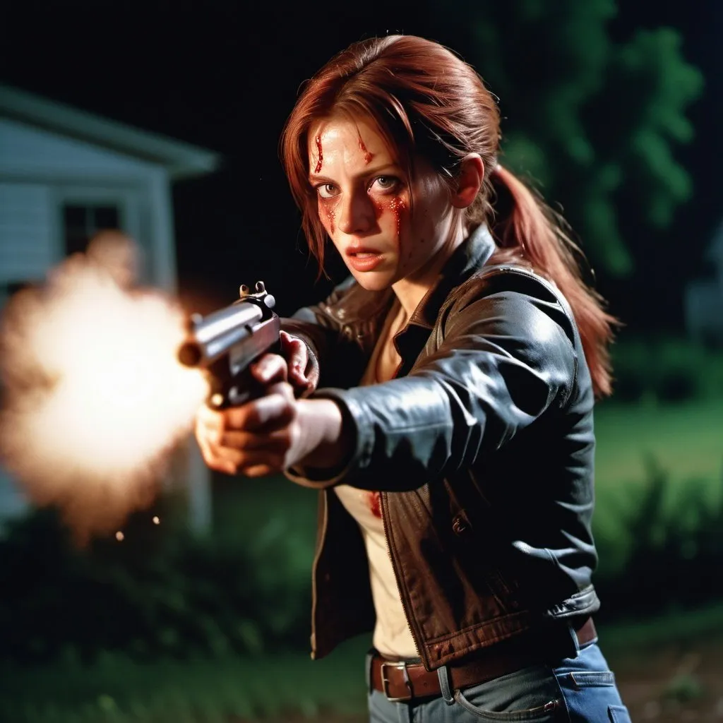Prompt: claire redfield shooting zombies with a shotgun , from 1985 film "night of the living dead", rain,  Professional photography, bokeh, cinematic lighting, canon lens, shot on dslr 64 megapixels sharp focus