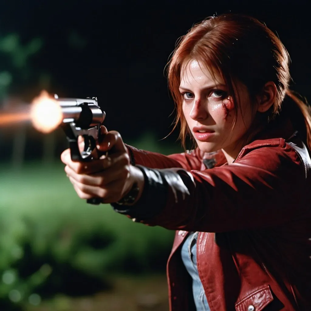 Prompt: claire redfield shooting with a shotgun at zombies, from 1985 film "night of the living dead", rain,  Professional photography, bokeh, cinematic lighting, canon lens, shot on dslr 64 megapixels sharp focus