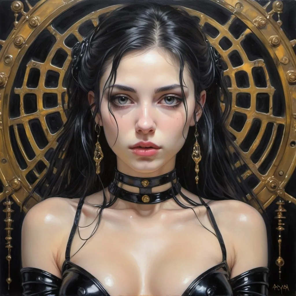 Prompt: detailed oil painting of pretty italian female ,latex lingerii, feminine, gothic portrait, absolute reality, gold black, pale chest, noir, beautiful features, pretty face, pretty pose, vivid colors, visible chest, Aya Takano, Royo, Giger, dreaming vibe, tornadic, mysterious