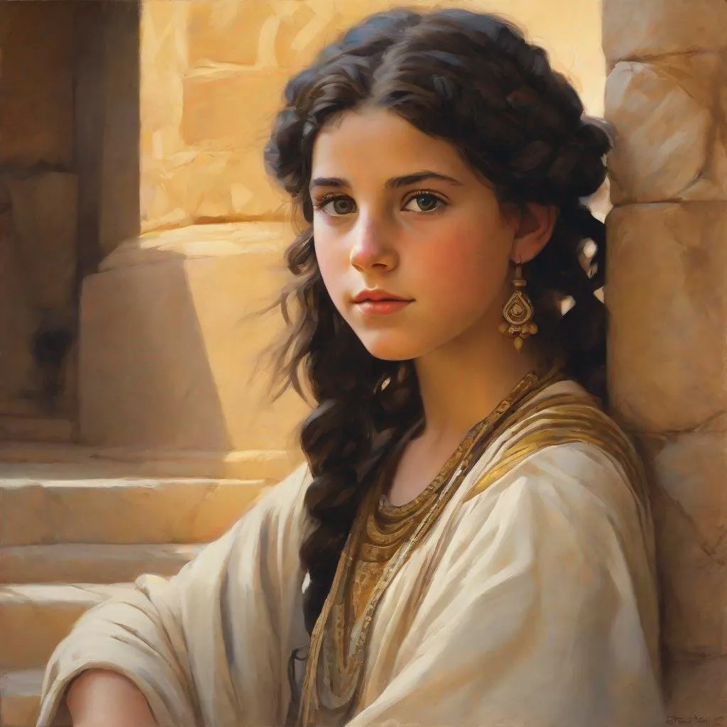 Prompt: A 13 years old Carthaginian girl, pale skin, freckles, black hair, pigtails, brown eyes, traditional Punic dress, Ancient Carthage, photorealistic, extremely detailed painting by Greg Rutkowski by Steve Henderson