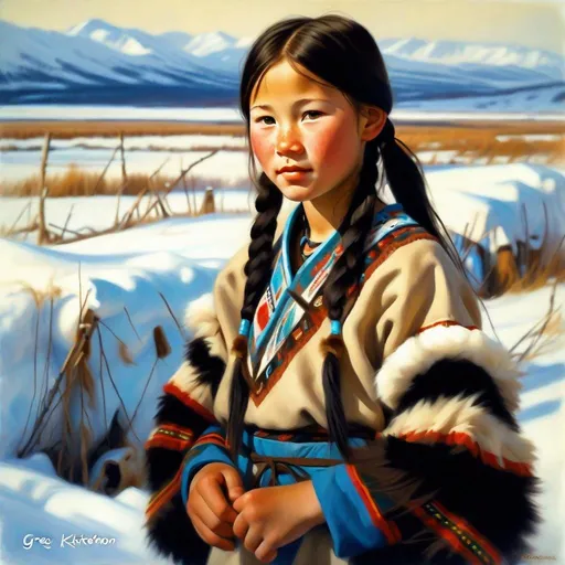 Prompt: A 13 years old Yakut girl, pale skin, freckles, black hair, pigtails, brown eyes, traditional Yakut dress, Yakutsk, photorealistic, extremely detailed painting by Greg Rutkowski by Steve Henderson