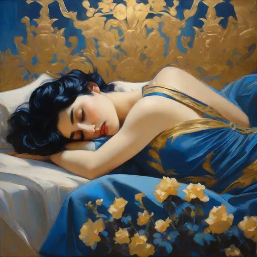 Prompt: painting of pretty modern noir sleeping female with short black hair, blue, gold, pretty pose, elegant, garden, dark, in the style of nostalgic paintings, electric dreamscape, 1990s, dreamy vignettes, magewave, childhood arcadias, masterpiece, breathtaking intricate details, high quality, fine art, john singer sargent