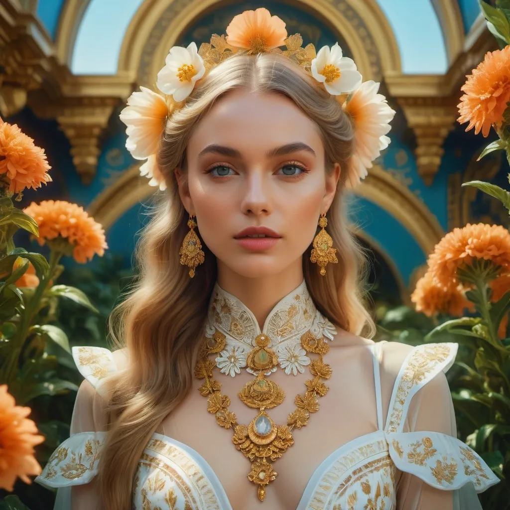 Prompt: portrait of a beautiful girl who is a fashion model surrounded of flowers from another planet, translucent plants, Andrey Remnev, Bridget Bate Tichenor, rococo, god light, cinematic, 35mm, 8k, fantasy, many details, much lightful, dream-like, masterpiece, detailed face, fantasy art, majestic, elegant, ornate, appealing, hypermaximalist, paradise, award winning photography, no watermark, trending on artstation --v 5