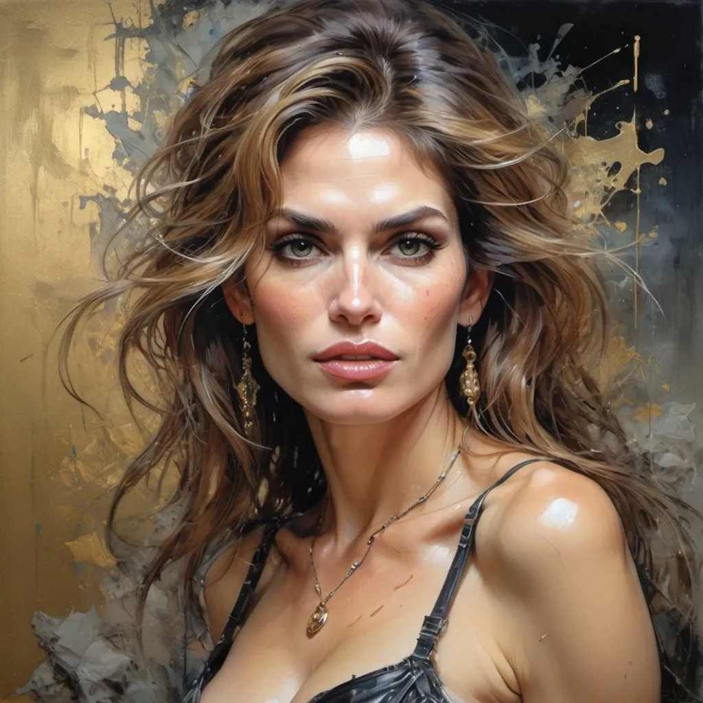 Prompt: detailed oil painting of pretty italian Cindy Crawford, latex lingerii, feminine, gothic portrait, absolute reality, gold black, pale chest, noir, beautiful features, pretty face, pretty pose, vivid colors, visible chest, Aya Takano, Royo, Giger, dreaming vibe, tornadic, mysterious, Arthur Rackham style, by Carne_Griffiths, Jean Baptiste Monge, Michael Garmash, David LaChapelle, Olivia Bee, Herman, anime style, beautiful colorful detailed complex