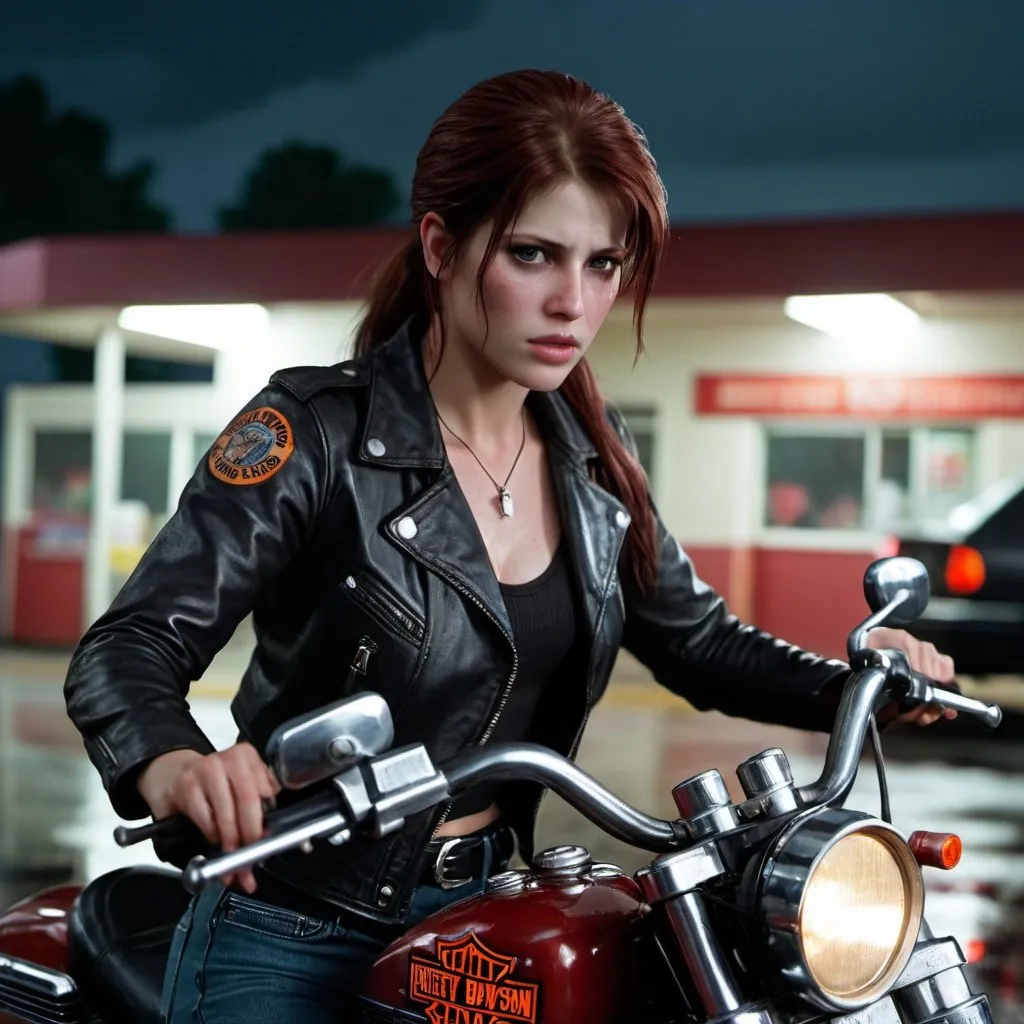 Prompt: claire redfield with a harley-davidson motorcycle in the gas station, rainy night , from 1985 film "night of the living dead", rain,  Professional photography, bokeh, cinematic lighting, canon lens, shot on dslr 64 megapixels sharp focus