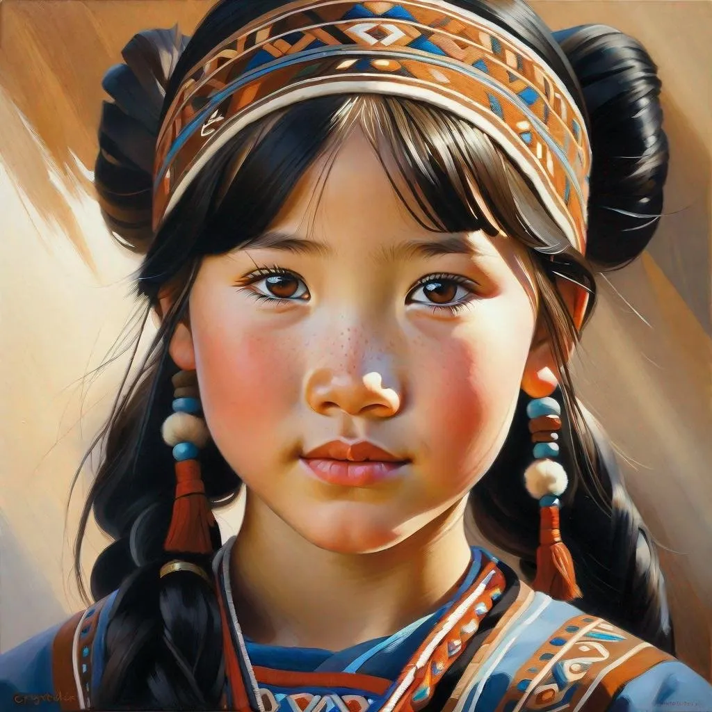 Prompt: A 13 years old Yakut girl, pale skin, freckles, black hair, pigtails, brown eyes, traditional Yakut dress, Yakutsk, photorealistic, extremely detailed painting by Greg Rutkowski by Steve Henderson