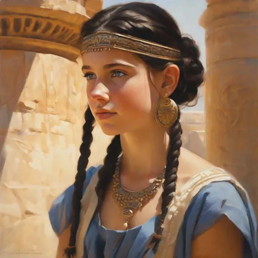 Prompt: A 13 years old Carthaginian girl, pale skin, freckles, black hair, pigtails, brown eyes, traditional Punic dress, Ancient Carthage, photorealistic, extremely detailed painting by Greg Rutkowski by Steve Henderson