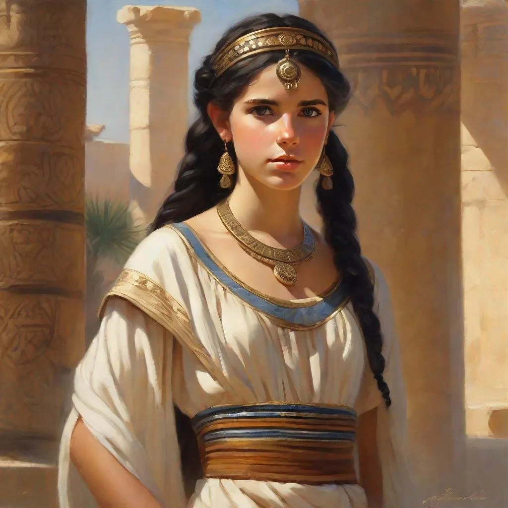 Prompt: A 13 years old Carthaginian girl, pale skin, freckles, black hair, pigtails, brown eyes, traditional Punic dress, Ancient Carthage, photorealistic, extremely detailed painting by Greg Rutkowski by Steve Henderson