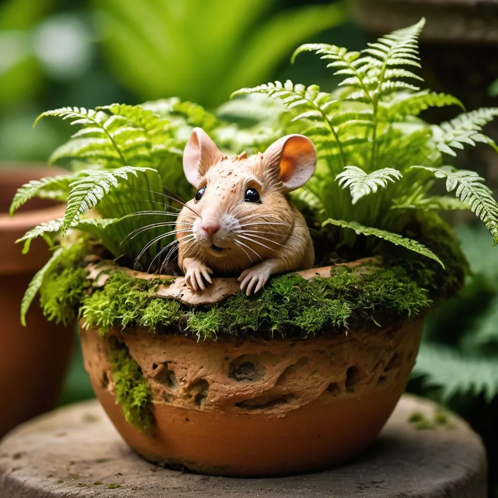 Prompt: Closeup, amazing quality, masterpiece, best quality, hyper detailed, ultra detailed, UHD, perfect anatomy, portrait, dof, hyper-realism, majestic, awesome, inspiring, an old eroded weathered sandstone terracotta flowerpot planted with forest soil, green and overgrown, moss, fern, ivy, with a small fluffy mouse in it, cinamatic composition, soft shadows, national geographic style
