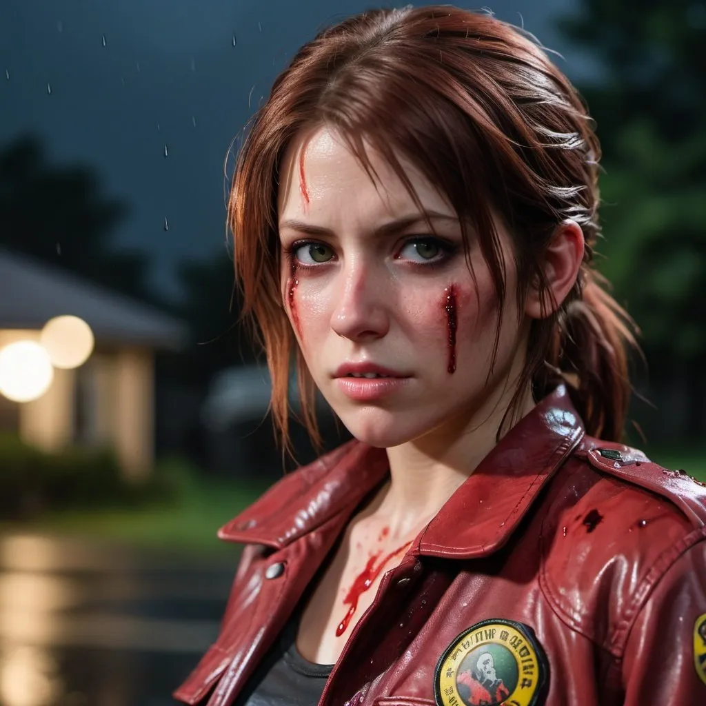 Prompt: claire redfield , shotgun, 80s horror zombies movie night, rain, Professional photography, bokeh, natural lighting, canon lens, shot on dslr 64 megapixels sharp focus