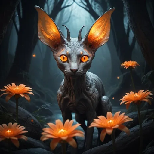 Prompt: The concept in the image portrays a mystical creature with large, luminescent, orange eyes and elongated ears that seem to be glowing. The creature is surrounded by an ethereal atmosphere with floating elements, and there are small orange flowers interspersed around it. The backdrop is a dark, swirling, and magical environment, emphasizing the otherworldly and enchanting nature of the creature.
The image is compositionally balanced with the creature centered and slightly tilted to the viewer's left. The glowing eyes are a strong focal point, drawing attention immediately. The surrounding dark environment creates a contrast, making the creature and its glowing elements stand out more prominently. The small orange flowers scattered around the creature add an additional layer of depth and interest to the image.
The image has a fantasy-inspired artistic style, characterized by its surreal and ethereal elements. The color palette is rich and moody, dominated by dark and floating elements create a sense of otherworldliness. The glowing eyes and luminescent ears of the creature
