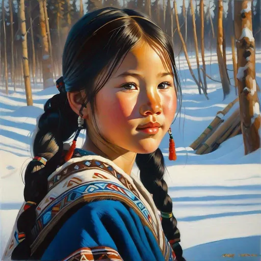 Prompt: A 13 years old Yakut girl, pale skin, freckles, black hair, pigtails, brown eyes, traditional Yakut dress, Yakutsk, photorealistic, extremely detailed painting by Greg Rutkowski by Steve Henderson