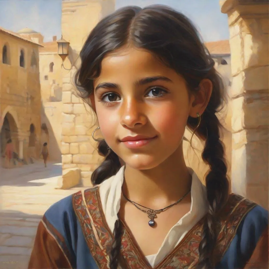 Prompt: A 13 years old Mizrahi Jewish girl, olive skin, freckles, black hair, pigtails, brown eyes, traditional Mizrahi dress, Old Jerusalem, photorealistic, extremely detailed painting by Greg Rutkowski by Steve Henderson