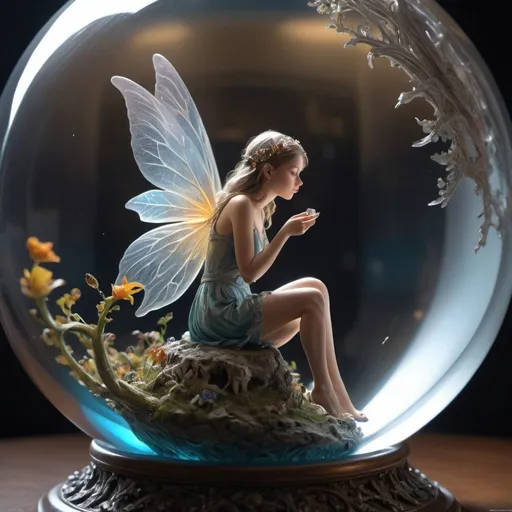 Prompt: amazing quality, masterpiece, best quality, hyper detailed, ultra detailed, UHD, perfect anatomy, portrait, dof, hyper-realism, majestic, awesome, inspiring, a majestic fairy  living inside a glass ball, intricate detail, ornate, best quality, hyperdetailed, absurdres, micro world, dramatic light, atmospheric, vivid detail, vibrant, unusual beauty, subsurface scatter, ambient occlusion, photorealistic, cg, masterpiece, award winning, cinamatic composition, sharp focus, dynamic light, epic composition, joyful, fantastic, ambient, fine detail, professional, color, illuminated, rich colors, surreal, inamatic composition, soft shadows, national geographic style