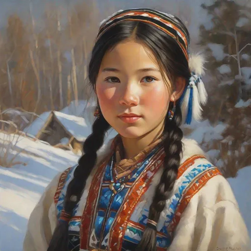 Prompt: A 13 years old Yakut girl, pale skin, freckles, black hair, pigtails, brown eyes, traditional Yakut dress, Yakutsk, photorealistic, extremely detailed painting by Greg Rutkowski by Steve Henderson