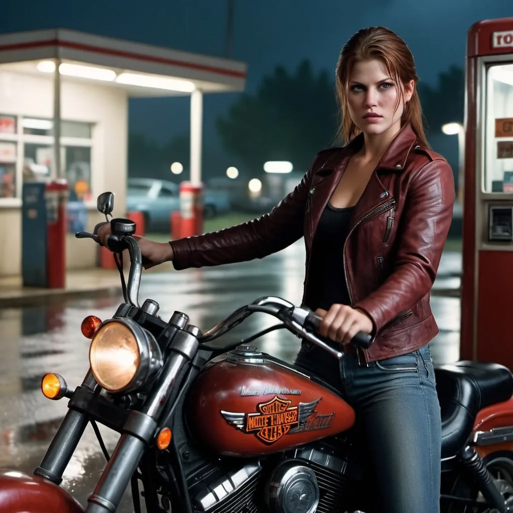 Prompt: claire redfield/ ali larter with a harley-davidson motorcycle in the gas station, rainy night , from 1985 film "night of the living dead", rain,  Professional photography, bokeh, cinematic lighting, canon lens, shot on dslr 64 megapixels sharp focus