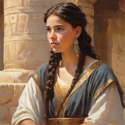 Prompt: A 13 years old Carthaginian girl, pale skin, freckles, black hair, pigtails, brown eyes, traditional Punic dress, Ancient Carthage, photorealistic, extremely detailed painting by Greg Rutkowski by Steve Henderson