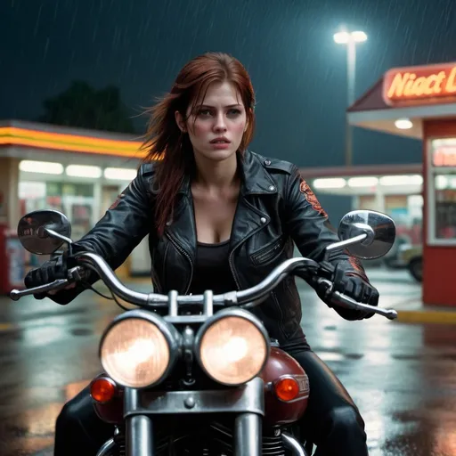 Prompt: claire redfield riding a harley-davidson motorcycle in the gas station, rainy night , from 1985 film "night of the living dead", rain,  Professional photography, bokeh, cinematic lighting, canon lens, shot on dslr 64 megapixels sharp focus