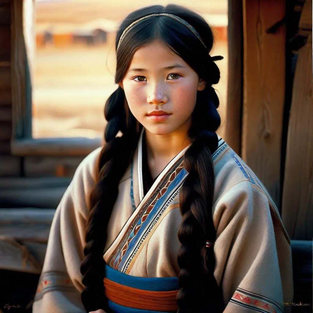 Prompt: A 13 years old Yakut girl, pale skin, freckles, black hair, pigtails, brown eyes, traditional Yakut dress, Yakutsk, photorealistic, extremely detailed painting by Greg Rutkowski by Steve Henderson