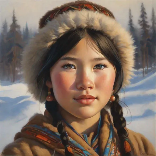 Prompt: A 13 years old Yakut girl, pale skin, freckles, black hair, pigtails, brown eyes, traditional Yakut dress, Yakutsk, photorealistic, extremely detailed painting by Greg Rutkowski by Steve Henderson