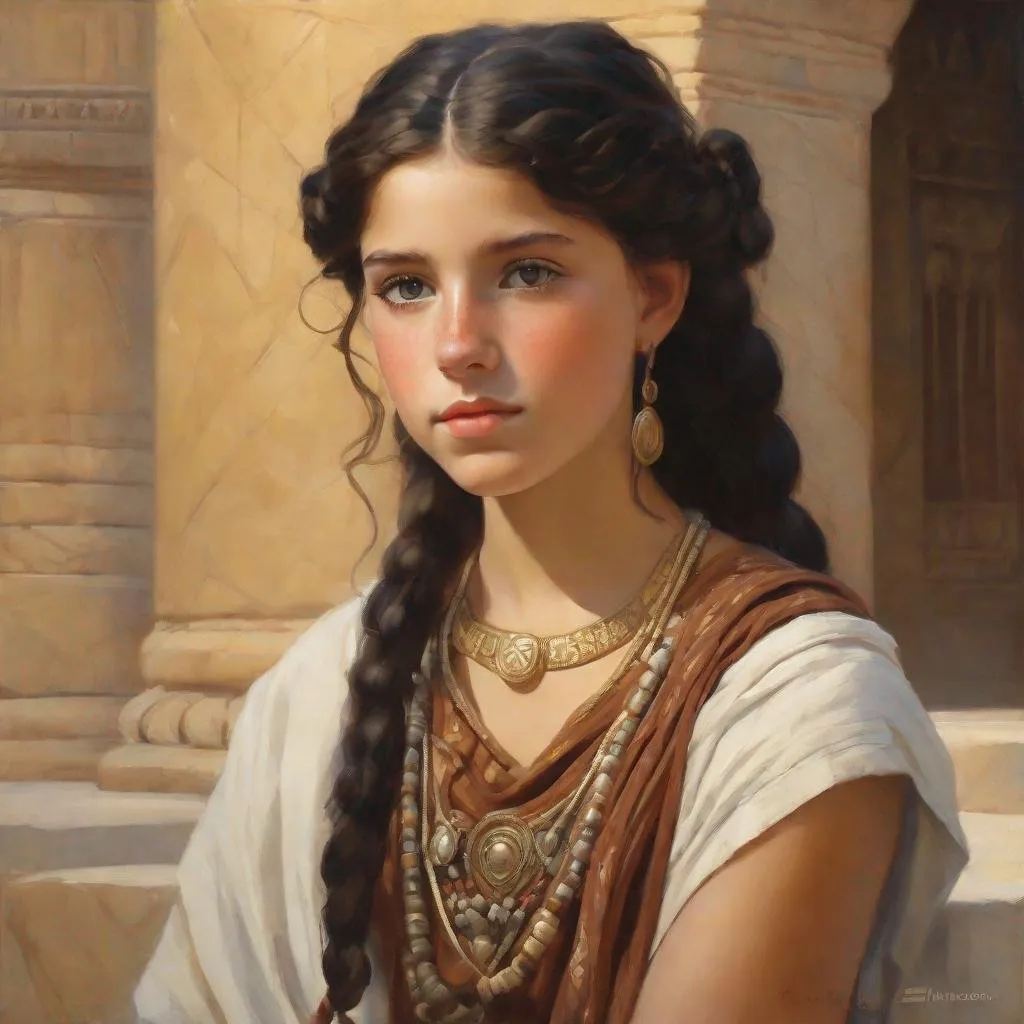 Prompt: A 13 years old Carthaginian girl, pale skin, freckles, black hair, pigtails, brown eyes, traditional Punic dress, Ancient Carthage, photorealistic, extremely detailed painting by Greg Rutkowski by Steve Henderson