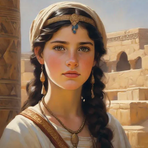 Prompt: A 13 years old Carthaginian girl, pale skin, freckles, black hair, pigtails, brown eyes, traditional Punic dress, Ancient Carthage, photorealistic, extremely detailed painting by Greg Rutkowski by Steve Henderson