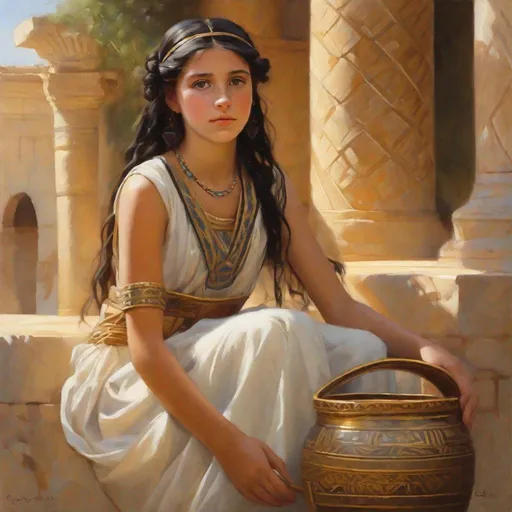 Prompt: A 13 years old Carthaginian girl, pale skin, freckles, black hair, pigtails, brown eyes, traditional Punic dress, Ancient Carthage, photorealistic, extremely detailed painting by Greg Rutkowski by Steve Henderson