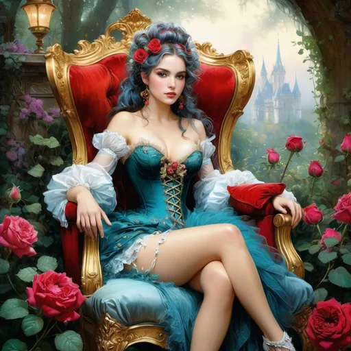 Prompt: fairytale, meadow, beautiful girl Rococo-gold, gros seins, (high detailed) in the chair of red roses with seins of figs fruit by Jean-Léon Gérôme, Arthur Rackham style, by Carne_Griffiths, Jean Baptiste Monge, Michael Garmash, David LaChapelle, Olivia Bee, Herman, anime style, beautiful colorful detailed complex, ethereal fantasy hyperdetailed mist Thomas Kinkade