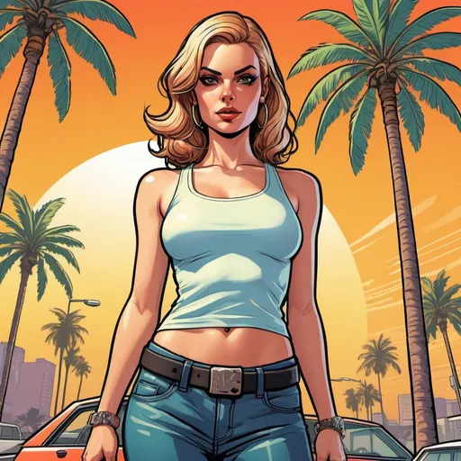 Prompt: hot girl, palm trees bright sunny day, in the style of a Grand theft auto, loading screens, gta style artwork, highly detailed, celshading, digital painting style, dramatic composition, 21st century comic book cover, studio lighting, bold contour lines drawing

